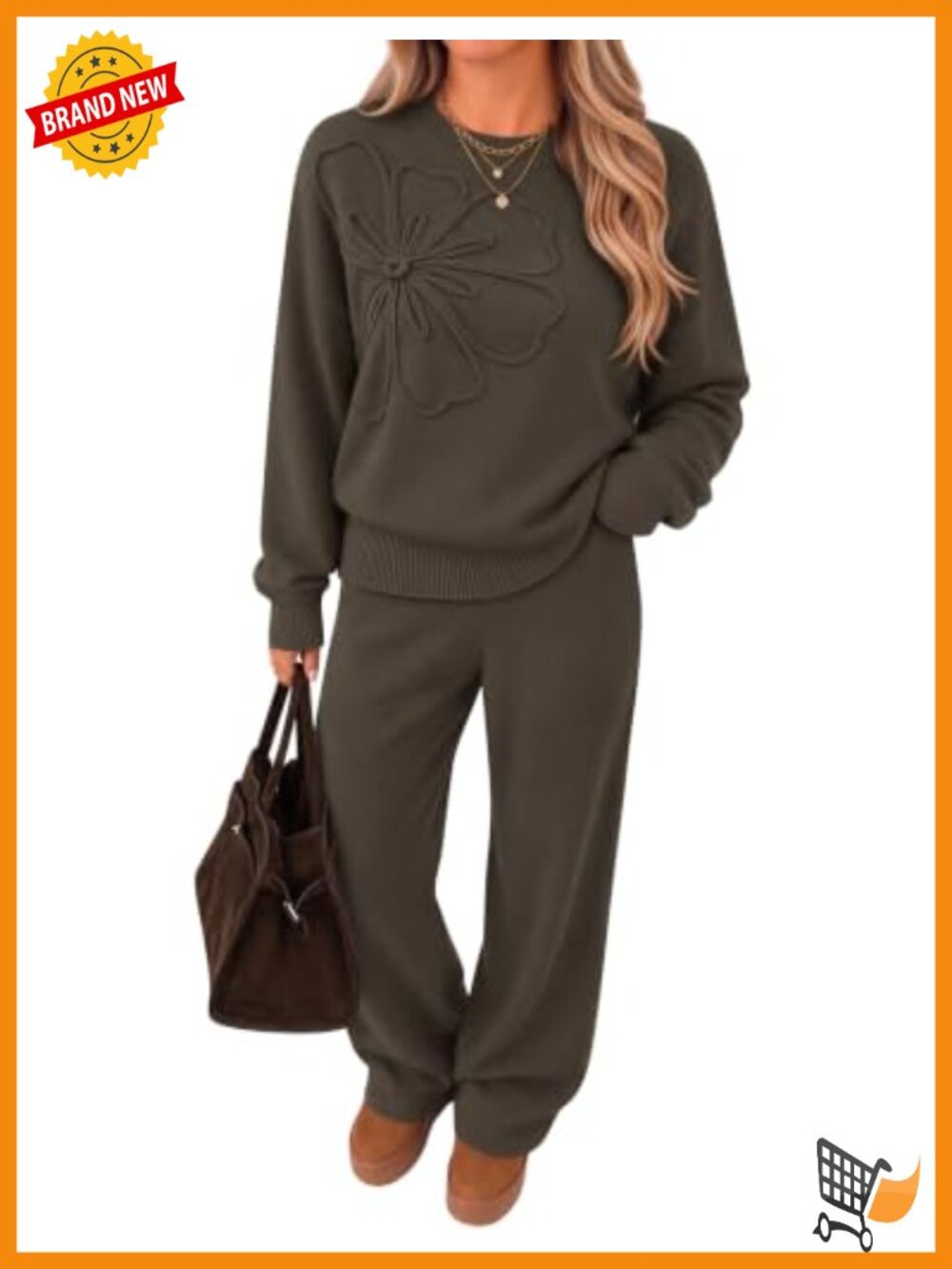 2 Piece Knit Sweater Lounge Set Crewneck Lantern Sleeve Wide Leg Pants Casual